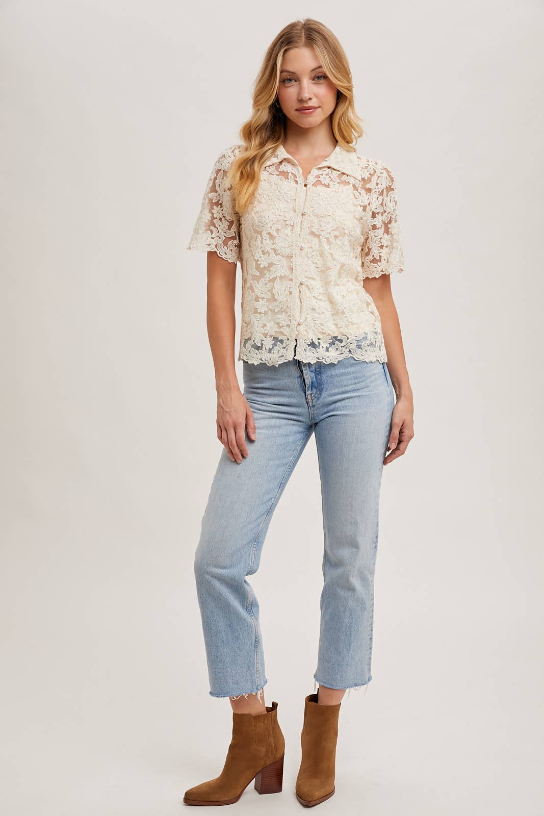 EMBROIDERED PEARL BUTTON DOWN BLOUSE