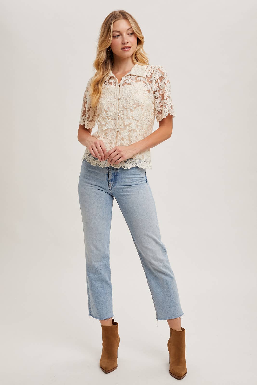 EMBROIDERED PEARL BUTTON DOWN BLOUSE