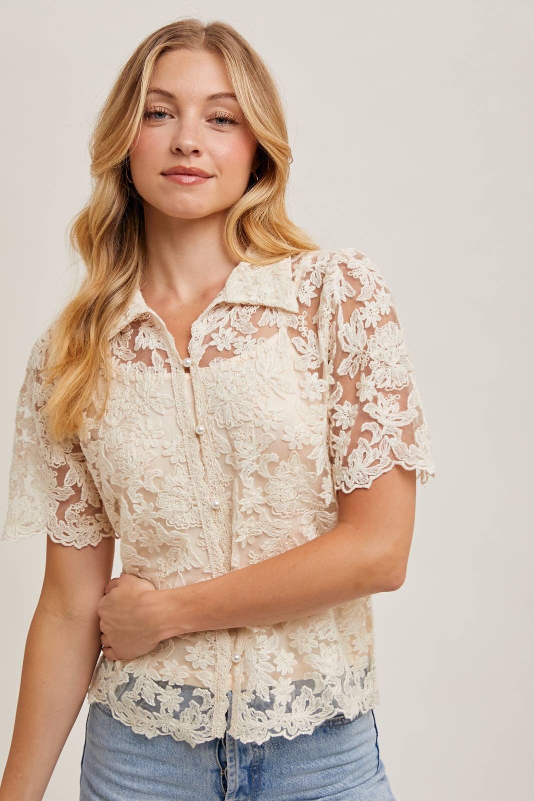 EMBROIDERED PEARL BUTTON DOWN BLOUSE