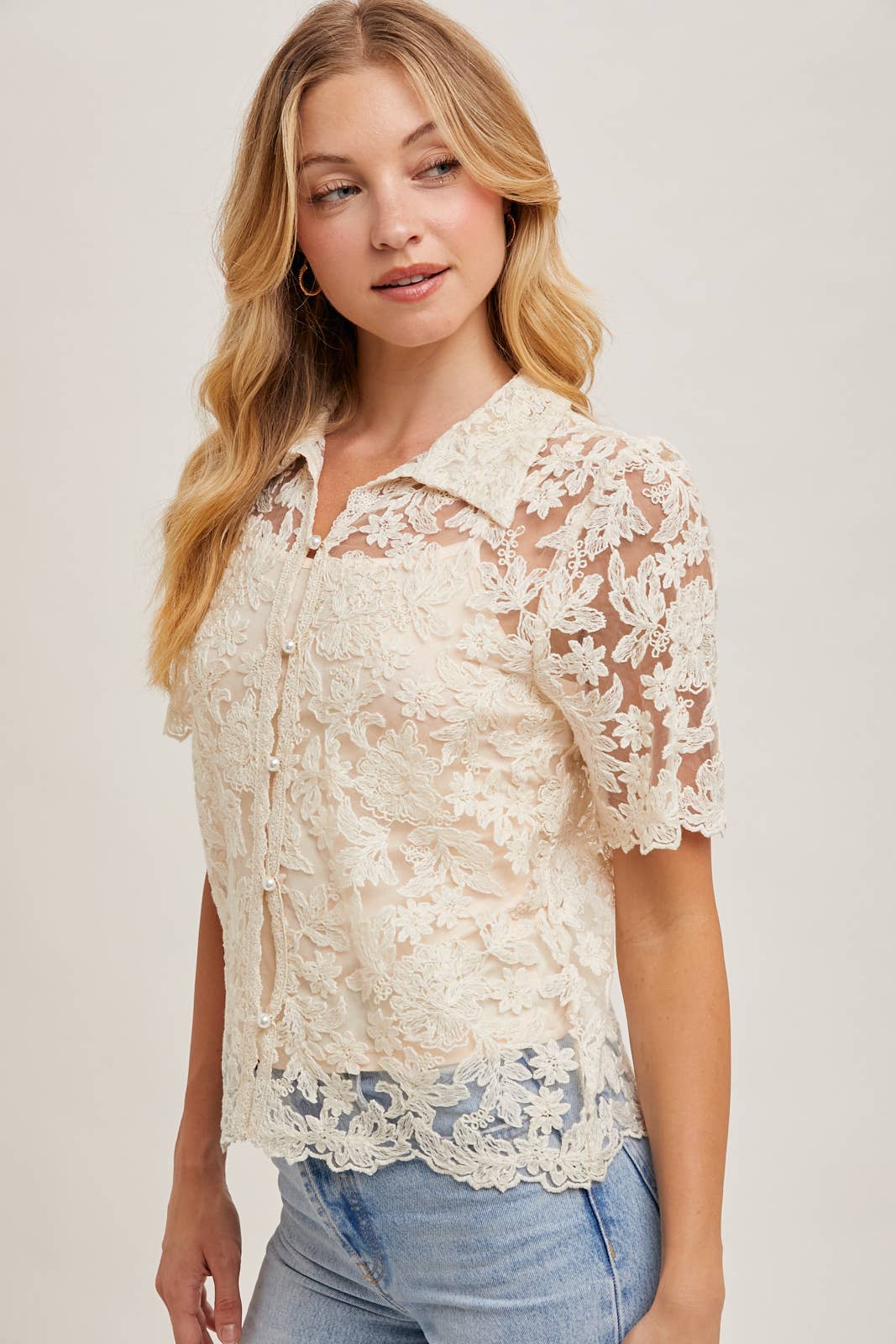 EMBROIDERED PEARL BUTTON DOWN BLOUSE