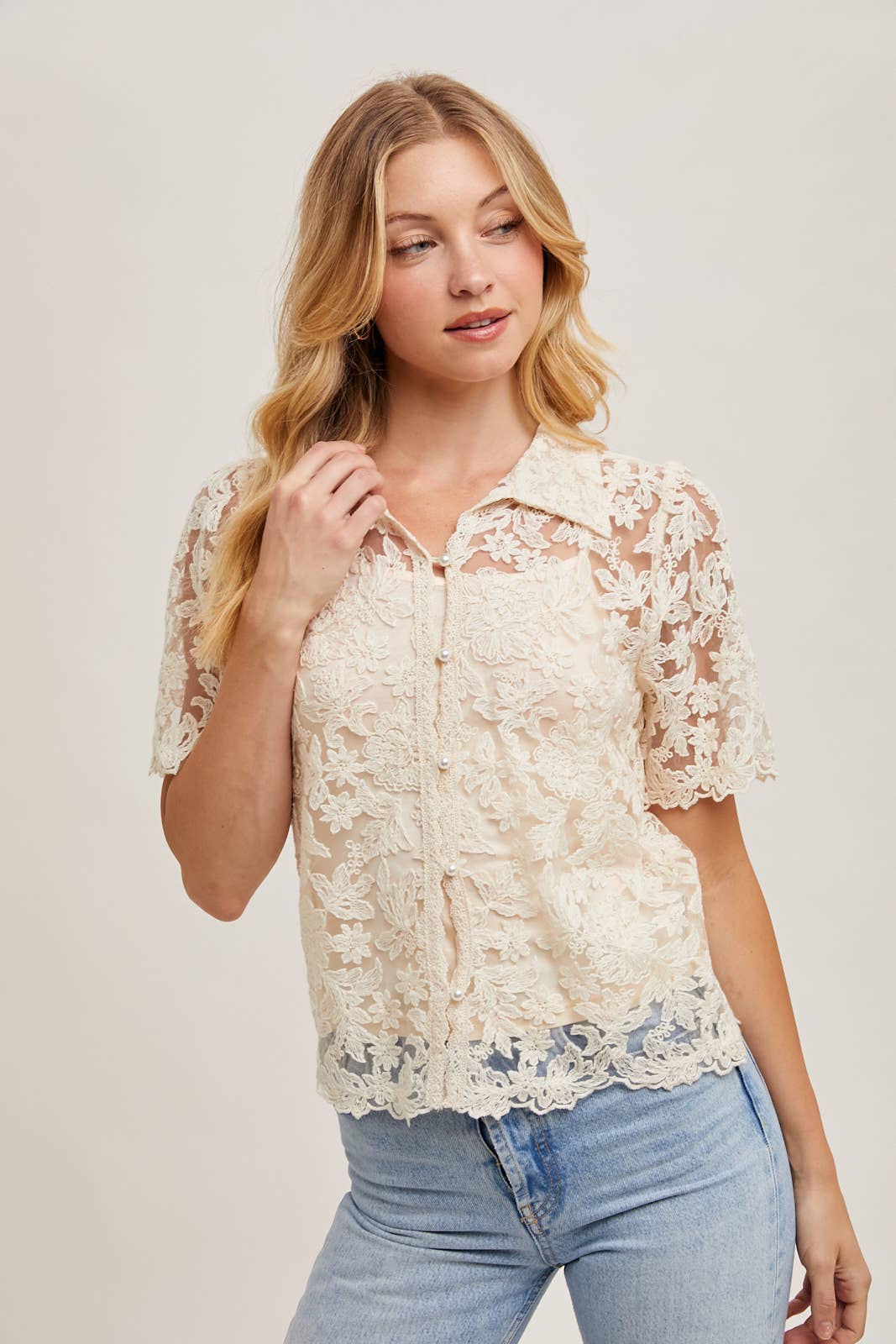 EMBROIDERED PEARL BUTTON DOWN BLOUSE